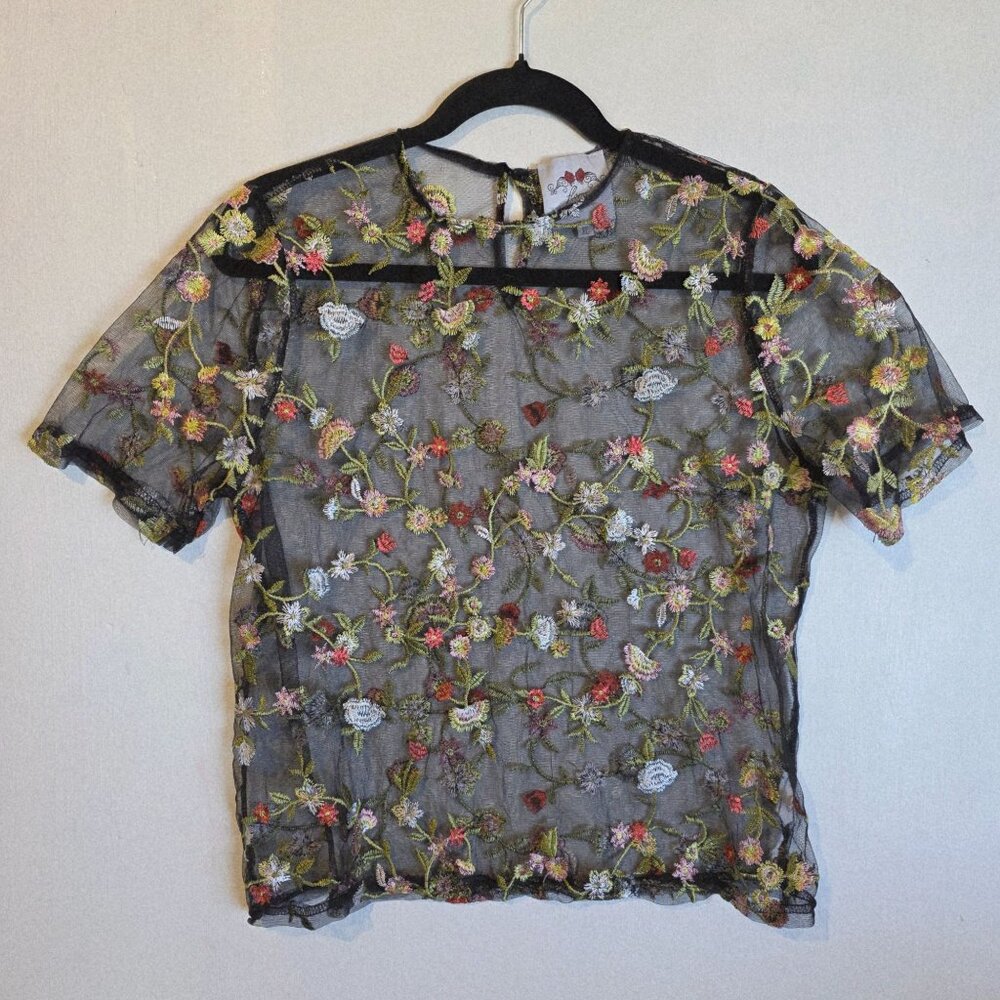 Flores Womens Sheer Floral Embroidered Mesh Top XL Black Multicolor Short Sleeve